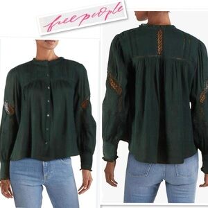Free People Womens Emma Eyelet Button Down Blouse Color: Dream Lagoon Size S
